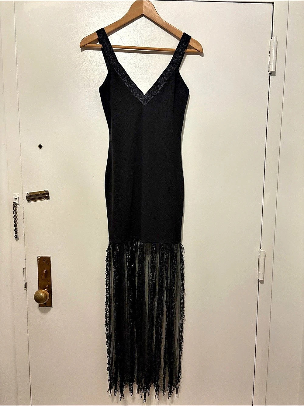 Cosmopolitan Black Striped Fringe Maxi Dress NWT